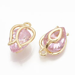Pearl Pink Brass Cubic Zirconia Charms, Flower, Nickel Free, Real 18K Gold Plated, Pearl Pink, 12x8x5mm, Hole: 1mm