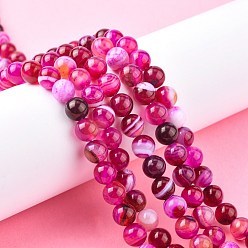 Deep Pink Natural Striped Agate/Banded Agate Bead Strands, Round, Grade A, Dyed & Heated, Deep Pink, 8mm, Hole: 1mm, about 47pcs/strand, 15 inch