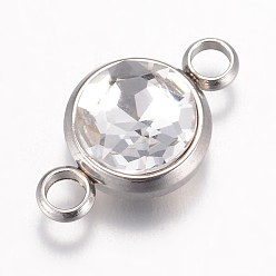 Crystal K9 Glass Links connectors, Faceted, with 304 Stainless Steel Findings, Flat Round, Stainless Steel Color, Crystal, 17.5x10x6.5mm, Hole: 2.5mm