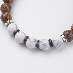 Howlite Natural Lava Rock & Wenge Wood Beads & Coconut Stretch Bracelets, with Natural Howlite and Alloy Findings, 2 inch(5~5.2cm)