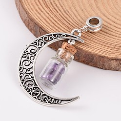 Amethyst Moon Antique Silver Alloy European Dangle Charms, with Amethyst Glass Wishing Bottles, 57x28x10mm, Hole: 4.5mm
