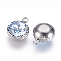 Light Blue K9 Glass Rhinestone Pendants, March Birthstone Charms, with 304 Stainless Steel Findings, Flat Round, Light Blue, 18x14x9mm, Hole: 2.5mm
