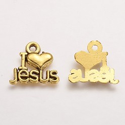 Antique Golden Tibetan Style Alloy Pendants, For Easter, Holy Charms(I Love Jesus), Cadmium Free & Lead Free, Heart, Antique Golden, 13x15x2mm, Hole: 3mm