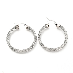 Stainless Steel Color 304 Stainless Steel Mesh Hoop Earrings, Round Ring Shape, Stainless Steel Color, 45x42x5.9mm, Pin: 0.7mm