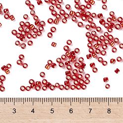 Red 8/0 Transparent Glass Round Seed Beads, Grade A, Silver Lined, Red, 2.8~3.2mm, Hole: 1.0mm, about 15000pcs/pound