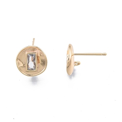 Real 18K Gold Plated Brass Clear Cubic Zirconia Stud Earring Findings, with Vertical Loops, Flat Round with Rectangle, Real 18K Gold Plated, 11.2x10.8mm, Hole: 1.4mm, Pin: 0.8mm