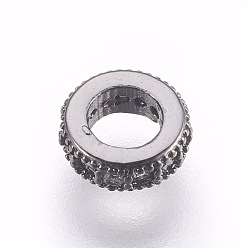 Gunmetal Brass Micro Pave Cubic Zirconia Beads, Lead Free & Cadmium Free, Flat Round, Clear, Gunmetal, 6x2mm, Hole: 3mm