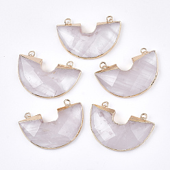 Quartz Crystal Electroplate Natural Quartz Crystal Semi Circle Pendants, Rock Crystal, with Iron Findings, Faceted, Half Round, Golden, 28~28.5x41x5~7mm, Hole: 2.5mm