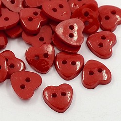 Rouge Foncé Boutons acryliques de coeur , boutons de couture en plastique pour la conception de costumes, 2-trou, teint, rouge foncé, 12x12x3mm, Trou: 1mm