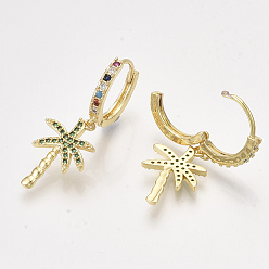 Golden Brass Cubic Zirconia Hoop Earrings, Dangle Earrings, Coconut Tree, Golden, 34mm, Pin: 1mm