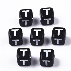 Letter T Opaque Acrylic Beads, Horizontal Hole, Alphabet Style, Cube, Black & White, Letter.T, 5x5x5mm, Hole: 2mm, about 5000pcs/500g