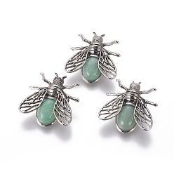 Green Aventurine Natural Green Aventurine Brooches, with Brass Findings, Cicada, Antique Silver, 38x36x8mm, Pin: 0.6mm