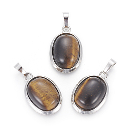 Tiger Eye Natural Tiger Eye Pendants, with Brass Findings, Oval, Platinum, 25~26x17~17.5x8~9mm, Hole: 8x5mm