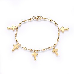 Golden 304 Stainless Steel Charm Bracelets, with Lobster Claw Clasps, Cross, Golden, 8-1/4 inch(21cm), 3mm