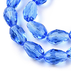 Royal Blue Glass Beads Strands, Faceted, Drop, Royal Blue, 11x8mm, Hole: 1mm, about 57~59pcs/strand, 26.38~26.77 inch
