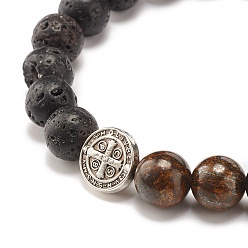 Lave Bracelet extensible perles rondes en bronzite naturelle et pierre de lave, bracelet en pierre avec perles de jésus pour femme, diamètre intérieur: 2 pouce (5.1 cm)
