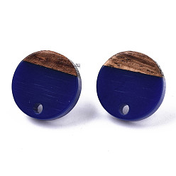 Bleu Foncé Conclusions de boucles d'oreilles en résine opaque et bois de noyer, 304 avec tige en acier inoxydable, plat rond, bleu foncé, 14mm, Trou: 1.8mm, pin: 0.7 mm