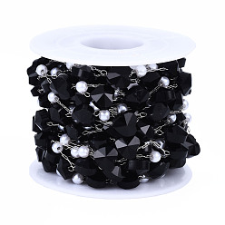 Black Glass Heart & ABS Plastic Pearl Beaded Chains, with Stainless Steel Color Plated 316 Stainless Steel Paperclip Chains, Soldered, Faceted, with Spool, Black, 8x8x6mm, about 16.40 Feet(5m)/Roll