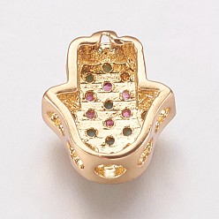 Golden Brass Cubic Zirconia Beads, Hamsa Hand/Hand of Fatima/Hand of Miriam, Colorful, Golden, 9.5x8.5x4mm, Hole: 2mm