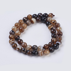 Saddle Brown Natural Striped Agate/Banded Agate Beads Strands, Faceted, Dyed, Round, Saddle Brown, 8mm, Hole: 1mm, about 46pcs/strand, 14.5 inch