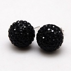280_Jet 925 Sterling Silver Austrian Crystal Rhinestone Ear Studs, with Ear Nuts, Round, 280_Jet, 12mm, Pin: 0.8mm