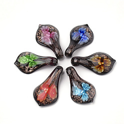 Mixed Color Handmade Gold Sand Lampwork Big Pendants, Inner Flower, Leaf, Mixed Color, 52~55x27.5~29x12.5~17mm, Hole: 6.5~10mm