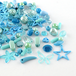 Light Sky Blue Acrylic Beads, Mixed Shapes, Light Sky Blue, 5.5~28x6~20x3~11mm, Hole: 1~5mm