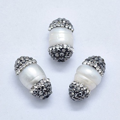 Pearl Natural Cultured Freshwater Pearl Beads, with Polymer Clay Grade A Rhinestone, Oval, 13~19x9~10mm, Hole: 1mm