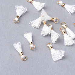 White Polycotton(Polyester Cotton) Tassel Pendant Decorations, with Unwelded Iron Jump Rings, Golden, White, 10~16x2mm, Hole: 1.5mm