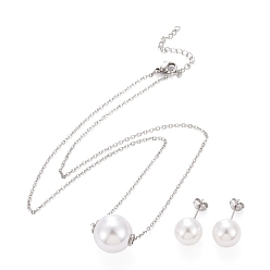 Mixed Color 304 Stainless Steel  Jewelry Sets, Pendant Cable Chains Necklaces and Stud Earrings, with Plastic Imitation Pearl, Lobster Claw Clasps and Ear Nuts, Ball, Mixed Color, 17.71 inch(45cm), 11.5mm, Pin: 0.6mm, Beads: 16x17mm