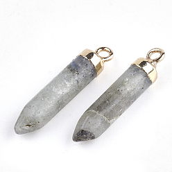 Labradorite Electroplate Natural Labradorite Pointed Pendants, with Iron Findings, Bullet, Golden, 24~25x5.5~6x5.5~6mm, Hole: 1.6mm
