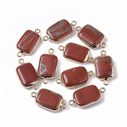 Красный Камень Позолоченные коннекторы из натуральной красной яшмы, с золотыми тонами железных петель, прямоугольные, 26~27x13.5x6~7 мм, отверстие : 1.6~1.8 мм
