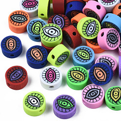 Mixed Color Handmade Polymer Clay Beads,  Flat Round with Eye, Mixed Color, 9~10x4~5mm, Hole: 1.8mm