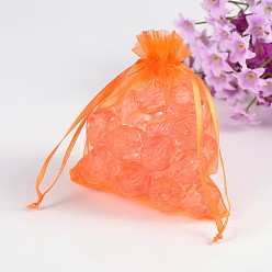 Orange Organza Gift Bags, with Drawstring, Rectangle, Orange, 12x10cm