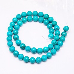 Turquoise Fil de perles de magnésite naturelle, ronde, teints et chauffée, turquoise, 6mm, Trou: 1mm