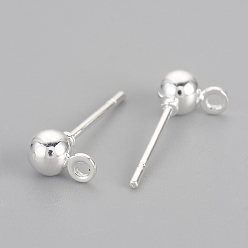 Silver Iron Ball Stud Earring Findings, with Loop, Silver, 6.5x4mm, Hole: 1mm, Pin: 0.8mm