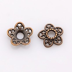 Red Copper Tibetan Style Alloy Bead Caps, Lead Free and Cadmium Free, Red Copper, 10.7x11x2.5mm, Hole: 3mm