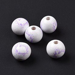 Lilac Easter Theme Printed Wood European Beads, Large Hole Beads, Round with Rabbit Pattern, Lilac, 16x14.5mm, Hole: 4mm