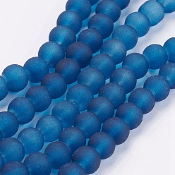 Marine Blue Transparent Glass Bead Strands, Frosted, Round, Marine Blue, 6mm, Hole: 1.3~1.6mm, about 140pcs/strand, 31.4 inch