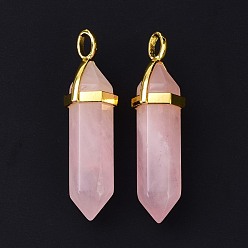 Rose Quartz Natural Rose Quartz Pointed Pendants, with Random Brass Pendant Hexagon Bead Cap Bails, Golden, Bullet, 38.5~40x12~12.5x10~11mm, Hole: 3x4.5mm