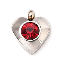 Light Siam 304 Stainless Steel Charms, with Acrylic Rhinestone, Faceted, Birthstone Charms, Heart, Stainless Steel Color, Light Siam, 8.2x7.2x3.2mm, Hole: 1mm