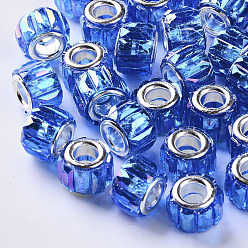 Blue Transparent Resin European Beads, Large Hole Beads, with Silver Color Plated Double Brass Cores, Faceted, AB Color Plated, Column, Blue, 11.5x8mm, Hole: 5mm