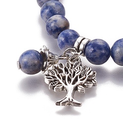 Blue Spot Jasper Chakra Jewelry, Natural Blue Spot Jasper Bracelets, with Metal Tree Pendants, 50mm
