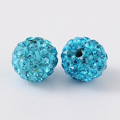 Aquamarine Polymer Clay Rhinestone Beads, Pave Disco Ball Beads, Grade A, Round, Half Drilled, Aquamarine, 8mm, Hole: 1mm