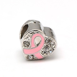 Pink Perles européennes en alliage plaqué platine strass, perles coeur grand trou avec ruban de conscience de cancer du sein émail, rose, 9.5x9.5x8.5mm, Trou: 4mm