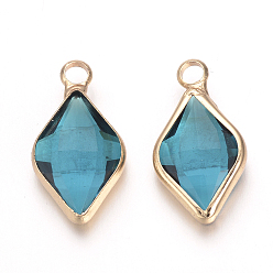 Dodger Blue Glass Pendants, with Brass Findings, Faceted, Rhombus, Nickel Free, Raw(Unplated), Dodger Blue, 18x10x4.5mm, Hole: 2mm