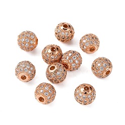 Rose Gold Brass Cubic Zirconia Beads, Round, Rose Gold, 8mm, Hole: 1.5mm