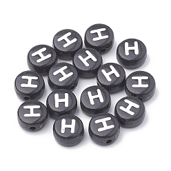 Letter H Opaque Acrylic Beads, Horizontal Hole, Alphabet Style, Flat Round, Letter.H, 7x4mm, Hole: 1.5mm, about 3700pcs/500g