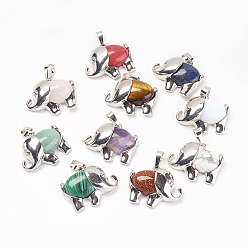 Mixed Stone Natural & Synthetic Mixed Stone Pendants, with Brass Findings, Elephant, Platinum, 22.5x27x8mm, Hole: 5x8mm