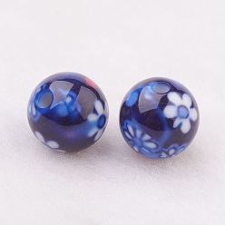 Dark Blue Spray Painted Resin Beads, with Flower Pattern, Round, Dark Blue, 10mm, Hole: 2mm